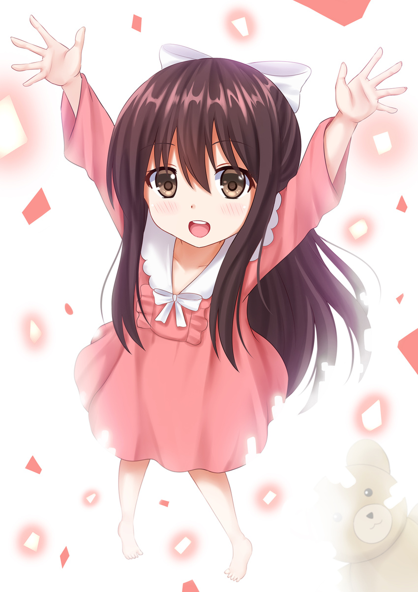 arms_up barefoot bloom blush bow brown_eyes brown_hair confetti dress from_above full_body hair_bow highres kazenokaze long_hair looking_at_viewer open_hands open_mouth outstretched_arms pigeon-toed pink_dress rin_(shelter) shelter_(music_video) sidelocks smile solo standing stuffed_animal stuffed_toy teddy_bear upper_teeth younger