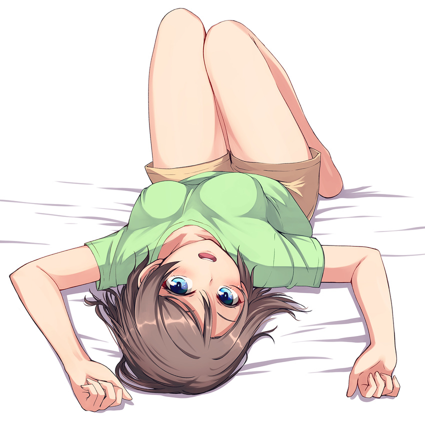 bare_legs barefoot blue_eyes brown_hair full_body green_shirt highres looking_at_viewer love_live! love_live!_sunshine!! lying nanotsuki on_back open_mouth shirt short_hair short_sleeves shorts solo t-shirt teeth upside-down watanabe_you