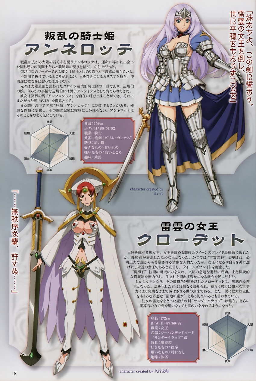 absurdres annelotte armor armored_dress blue_eyes breasts cape claudette_(queen's_blade) cleavage eiwa green_eyes hat highres hisayuki_hirokazu long_hair medium_breasts multiple_girls official_art purple_hair queen's_blade queen's_blade_rebellion red_hair sword thighhighs tiara translation_request weapon