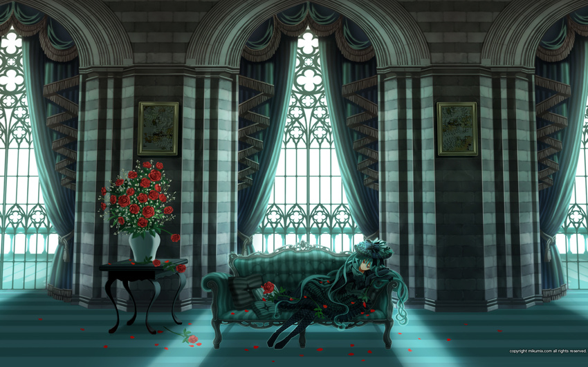 aqua_hair boots couch curtains dress hat hatsune_miku highres inago long_hair lying mikumix on_side petals pillow red_eyes solo twintails very_long_hair vocaloid wallpaper window