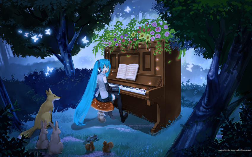 aqua_eyes aqua_hair bug bunny butterfly detached_sleeves flower fox hatsune_miku headphones headset highres insect instrument long_hair looking_back maca mikumix mushroom night piano sheet_music sitting skirt smile solo squirrel thighhighs twintails upright_piano very_long_hair vocaloid wallpaper