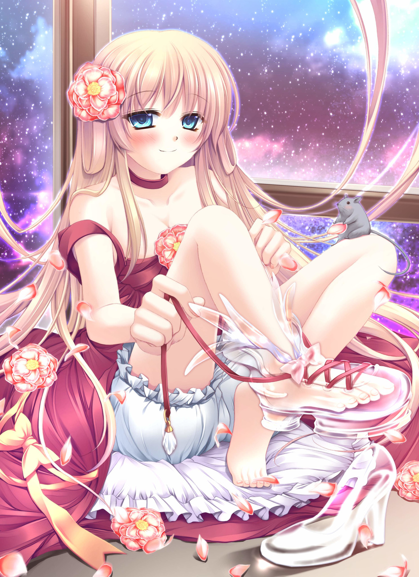 absurdres aqua_eyes barefoot blonde_hair bloomers blush cinderella dress evemoina feet flower glass_slipper hair_flower hair_ornament highres legs long_hair mouse petals shoes single_shoe smile solo toes transparent_footwear underwear very_long_hair