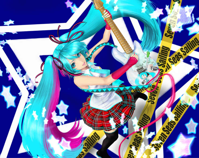 caution_tape fingerless_gloves gloves guitar hachune_miku hair_ribbon hatsune_miku instrument long_hair mamoru_(mamoru_jinja) necktie pink_hair plaid plaid_skirt ribbon skirt smile solo thighhighs twintails very_long_hair vocaloid zettai_ryouiki