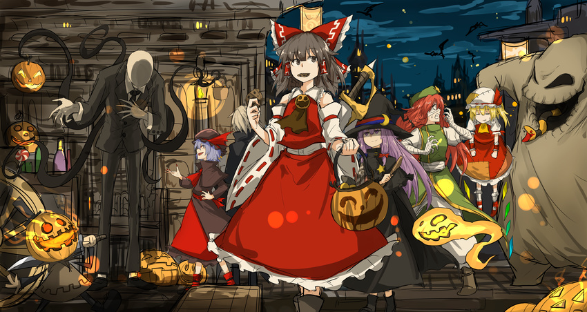 ascot bad_id bad_pixiv_id bat black_dress black_eyes black_hair black_hat blonde_hair blue_hair bow brown_footwear candy character_request closed_eyes cookie crescent crescent_hair_ornament crossover detached_sleeves dress eating flandre_scarlet food formal frilled_shirt_collar frilled_skirt frills ghost green_hat hair_bow hair_ornament hair_tubes hakurei_reimu halloween hat highres hong_meiling jack-o'-lantern kan_(aaaaari35) knife lantern light_particles lollipop mob_cap mouth_hold multiple_girls oogie_boogie orange_hair patchouli_knowledge puffy_pants purple_hair red_bow red_eyes red_footwear red_hair red_vest remilia_scarlet shoes skirt slender_man snake suit swirl_lollipop the_nightmare_before_christmas touhou vest wheel white_hat wide_sleeves wings wizard_hat wrist_cuffs