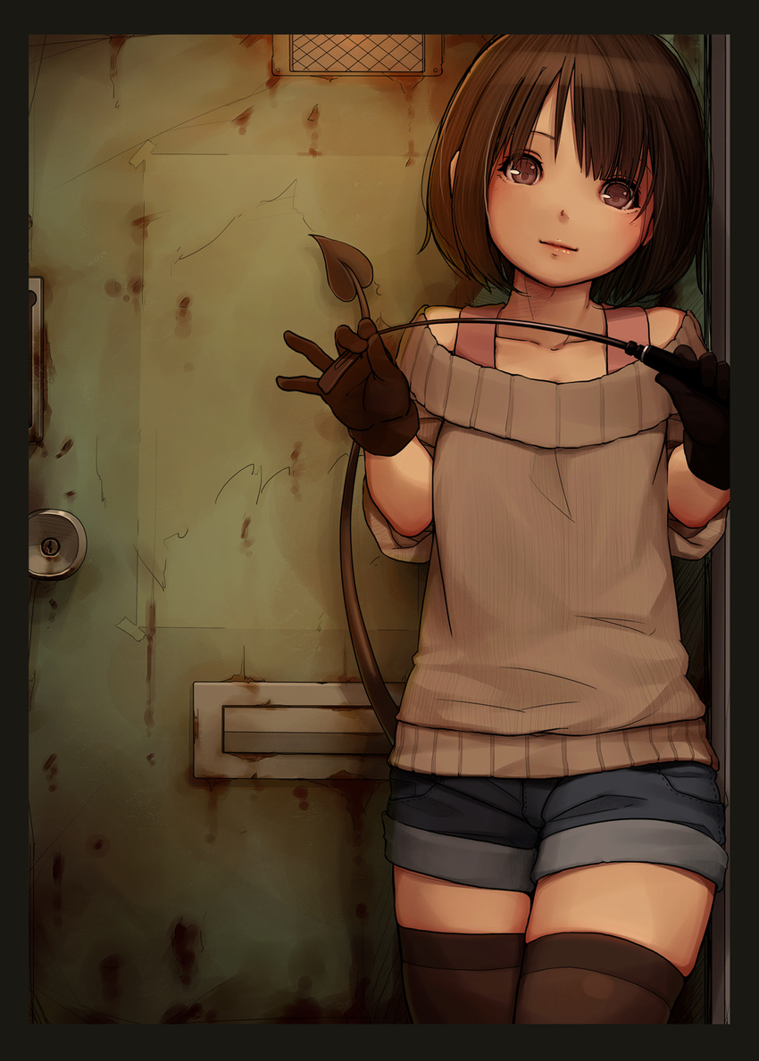 black_border black_gloves blue_shorts border brown_eyes brown_hair demon_girl demon_tail denim denim_shorts door gloves highres holding kagamine-ikka looking_at_viewer miyu_(tiny_evil) off-shoulder_sweater original riding_crop short_hair shorts solo standing succubus sweater tail thighhighs tiny_evil