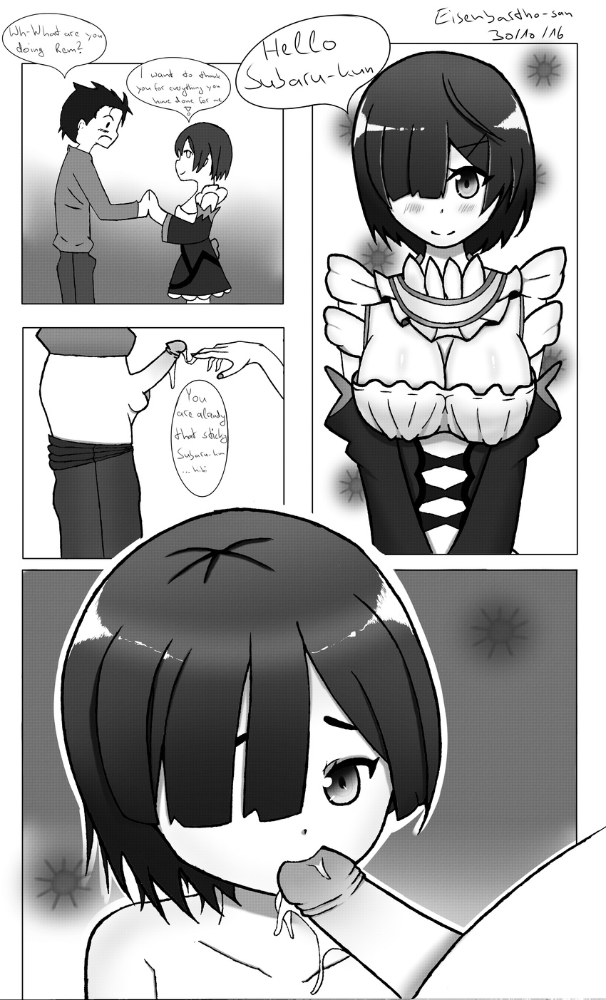 1girl absurdres comic fellatio greyscale hetero highres maid monochrome oral penis re:zero_kara_hajimeru_isekai_seikatsu rem_(re:zero) short_hair sticky sticky_fingers