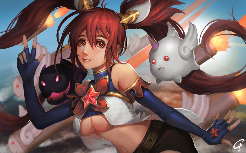 alternate_costume alternate_hair_color breasts cleavage elbow_gloves fingerless_gloves gloves jinx_(league_of_legends) kuro_(league_of_legends) league_of_legends long_hair magical_girl red_hair shiro_(league_of_legends) shorts star_guardian_jinx tied_hair twintails very_long_hair