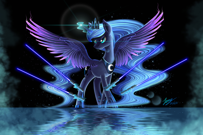 blue_eyes blue_feathers cutie_mark duskie-06 equine feathered_wings feathers female feral friendship_is_magic hooves horn lightsaber mammal my_little_pony nude princess_luna_(mlp) solo spread_wings standing star_wars winged_unicorn wings