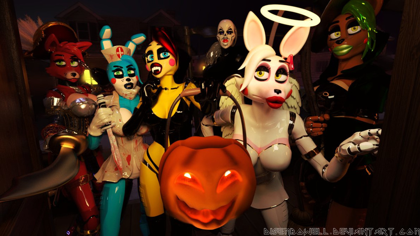 angel animatronic anthro avian bear bird blood blue_eyes bow breasts canine chicken cleavage clothed clothing crossgender disembowell_(artist) dress elbow_gloves fangs five_nights_at_freddy's five_nights_at_freddy's_2 fox foxy_(fnaf) gloves green_eyes green_hair green_lips group hair halloween halo hat holidays humanoid lagomorph lips machine magic_user mammal marionette_(fnaf) melee_weapon non-mammal_breasts nurse pirate rabbit reaper_(disambiguation) robot sword teeth toy_bonnie_(fnaf) toy_chica_(fnaf) toy_freddy_(fnaf) vampire video_games weapon witch yellow_eyes