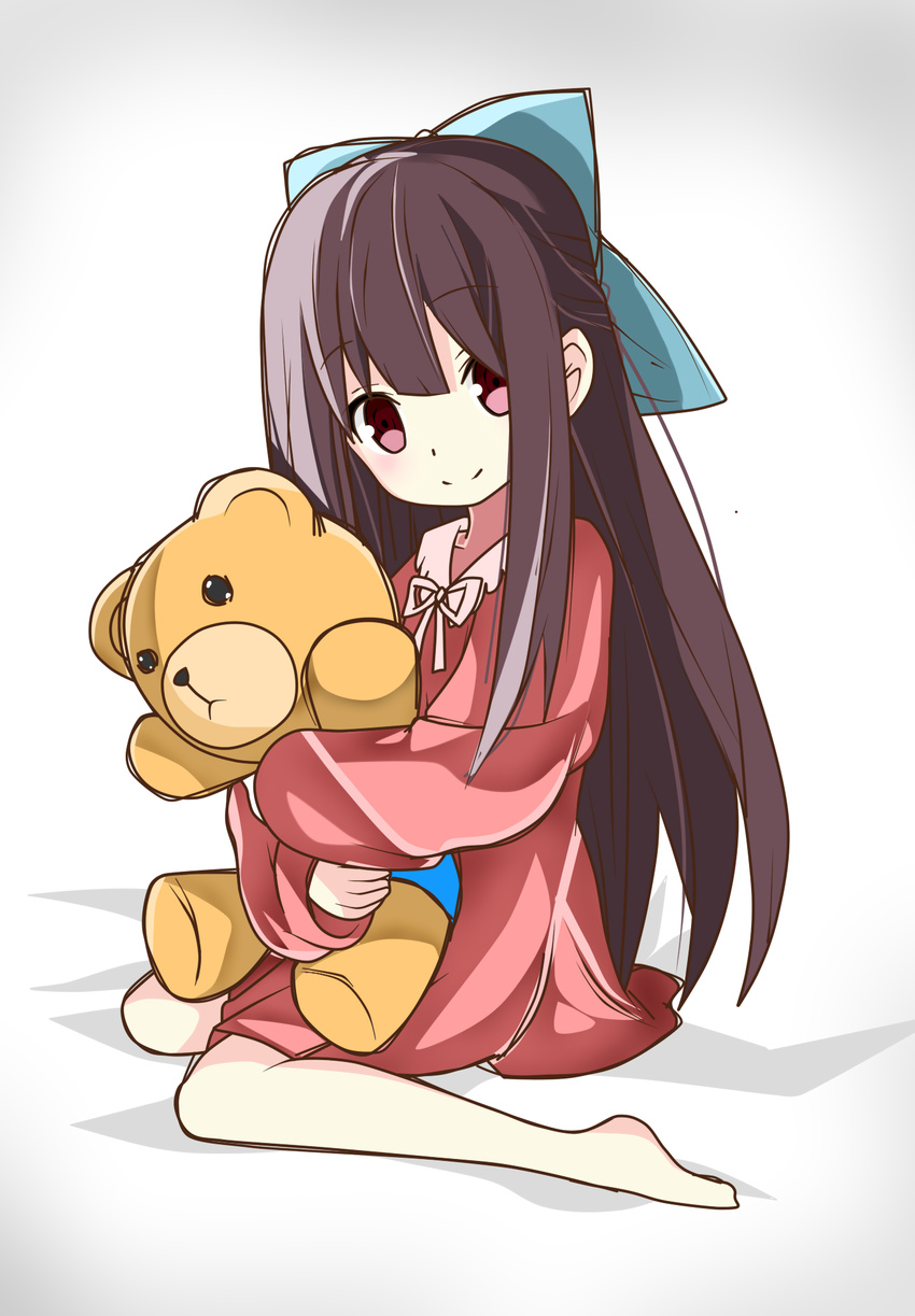 brown_eyes brown_hair child doll dress hair_ribbon highres hug long_hair looking_at_viewer ribbon rin_(shelter) shelter_(music_video) simple_background sitting smile solo stuffed_animal stuffed_toy teddy_bear tied_hair vanna