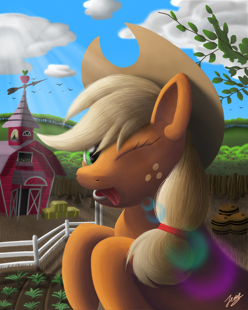 applejack_(mlp) barn blonde_hair day detailed_background duskie-06 earth_pony equine female feral friendship_is_magic fur green_eyes hair hat horse mammal my_little_pony one_eye_closed open_mouth orange_fur outside pony sky smile solo teeth tongue