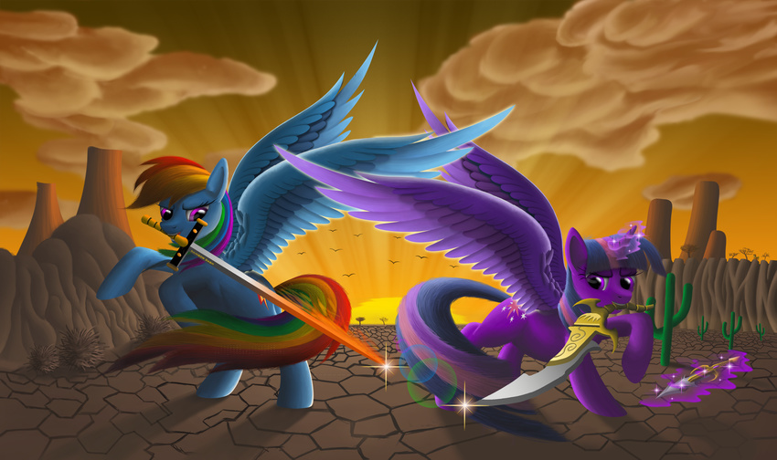 blue_feathers blue_fur cutie_mark detailed_background duo duskie-06 equine eyelashes feathered_wings feathers female feral friendship_is_magic fur hair holding_object holding_weapon hooves horn magic mammal melee_weapon multicolored_hair my_little_pony nude pegasus pink_eyes purple_eyes purple_feathers purple_fur purple_hair rainbow_dash_(mlp) rainbow_hair smile sword twilight_sparkle_(mlp) weapon winged_unicorn wings