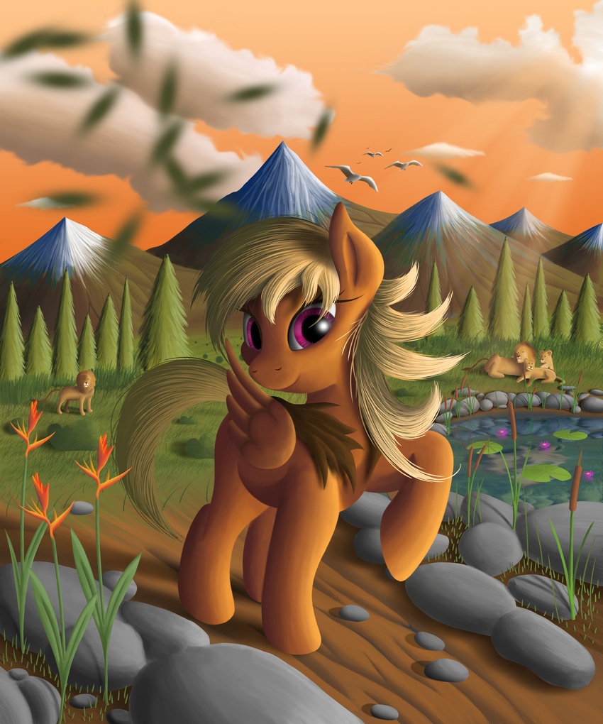 blonde_hair day detailed_background duskie-06 equine eyelashes fan_character feathered_wings feathers feline female feral fur grass hair hooves lion looking_at_viewer mammal my_little_pony orange_feathers orange_fur outside pegasus purple_eyes smile solo standing wings