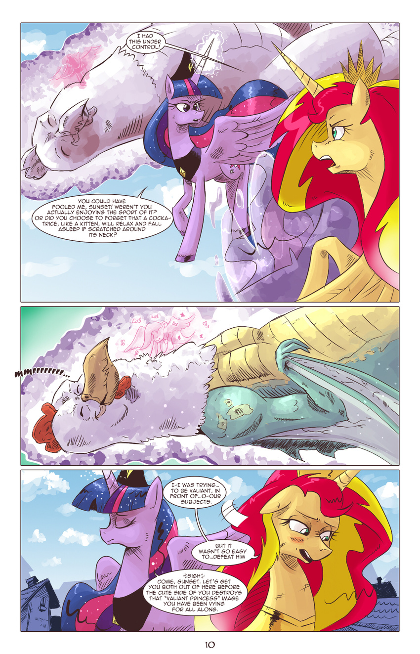 2016 cockatrice comic crown equestria_girls equine female friendship_is_magic glowing horn jewelry macro magic mammal my_little_pony necklace saturdaymorningproj sunset_shimmer_(eg) twilight_sparkle_(mlp) winged_unicorn wings