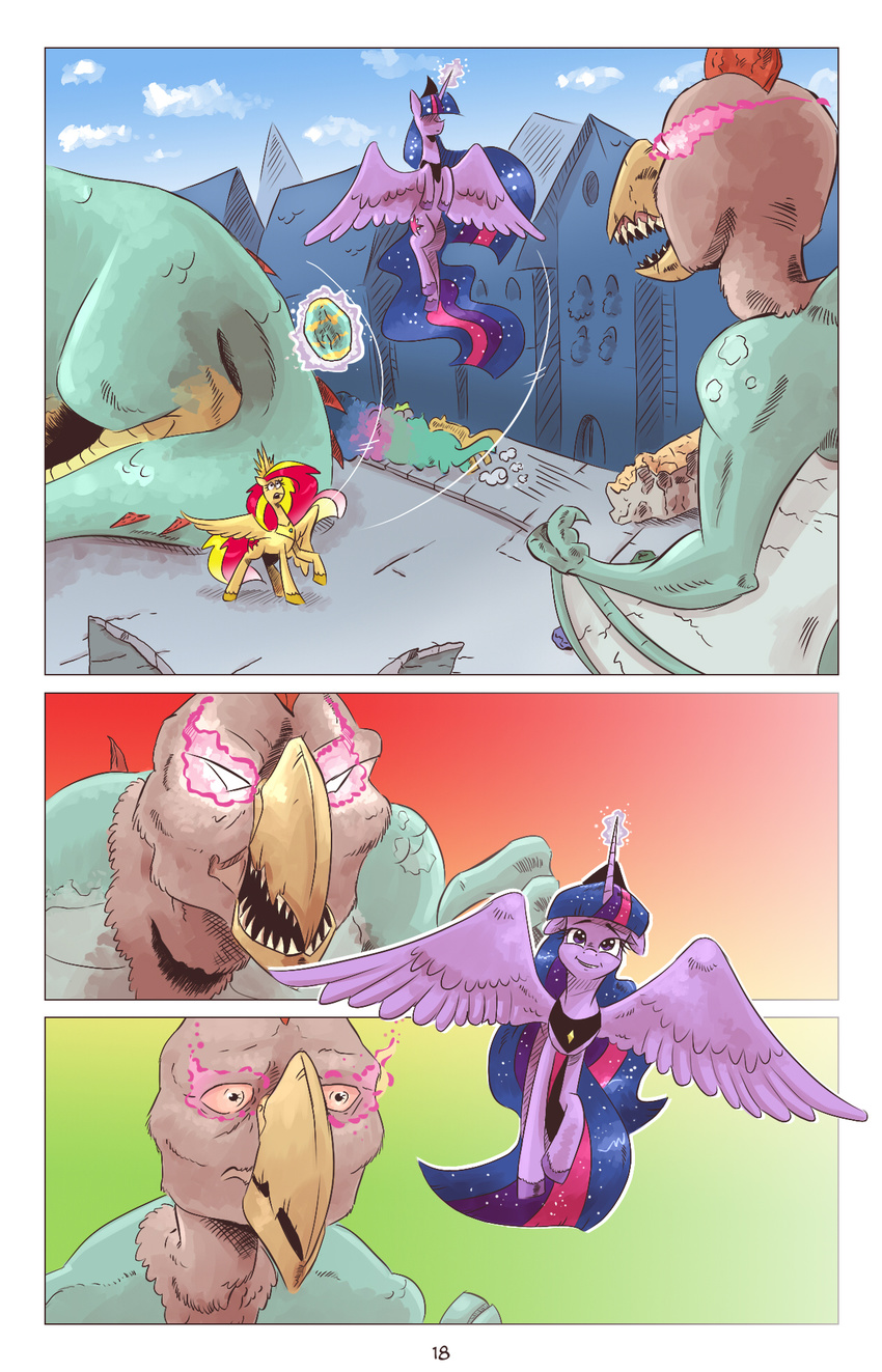 2016 cockatrice comic egg equestria_girls equine friendship_is_magic horn macro magic mammal membranous_wings my_little_pony saturdaymorningproj sunset_shimmer_(eg) twilight_sparkle_(mlp) winged_unicorn wings