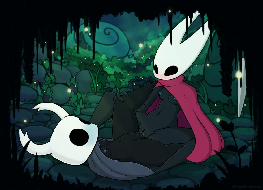 3_fingers arthropod blush breasts clitoris cloak clothing eye_contact female female/female forest hollow_knight hornet_(hollow_knight) humanoid lying nipples on_back outdoors_sex protagonist_(hollow_knight) purplealacran pussy pussy_juice sex small_breasts spread_legs spreading tree tribadism weapon