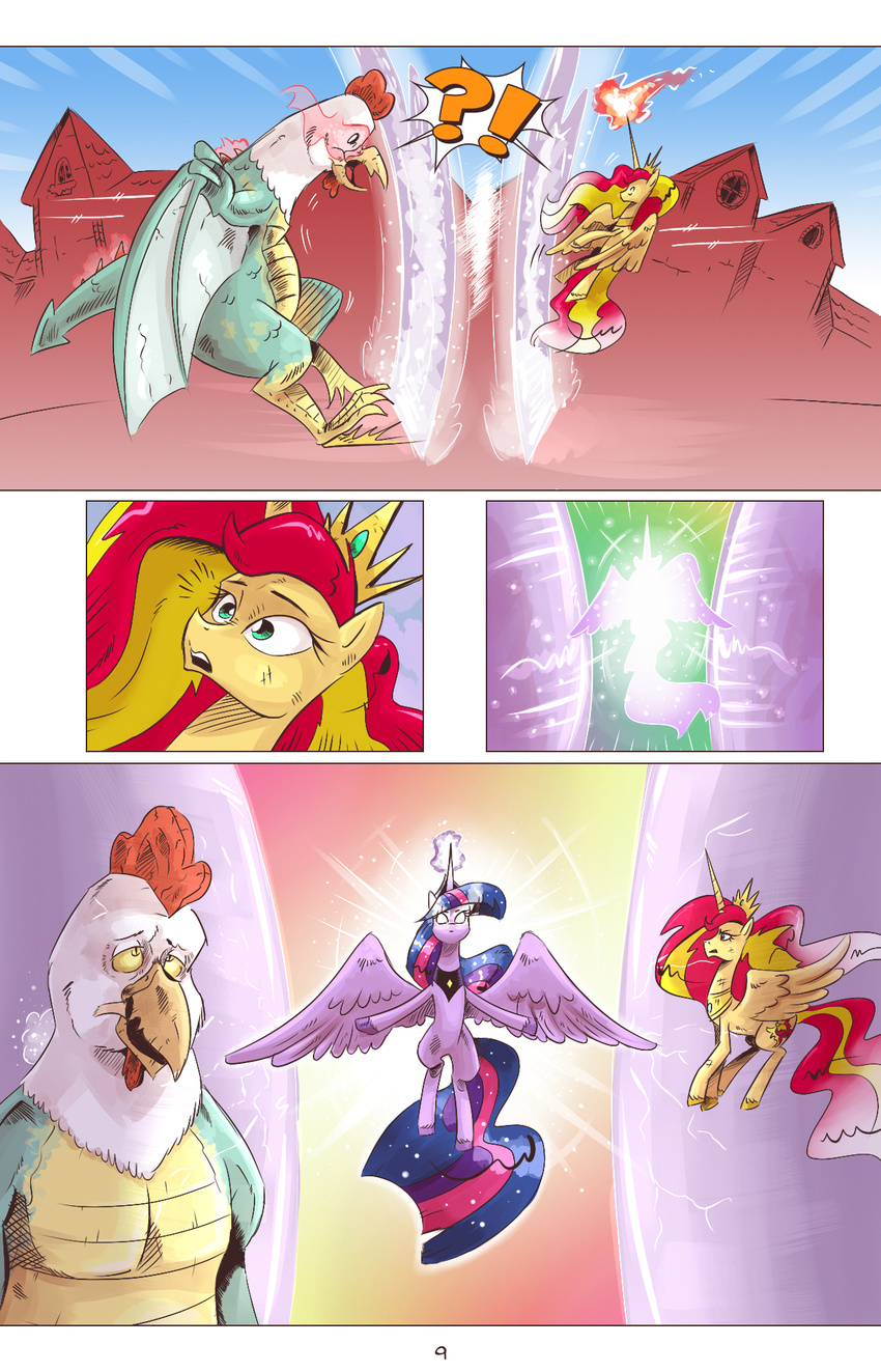 2016 cockatrice comic crown equestria_girls equine female friendship_is_magic glowing horn jewelry macro magic mammal my_little_pony necklace saturdaymorningproj shield sunset_shimmer_(eg) twilight_sparkle_(mlp) winged_unicorn wings