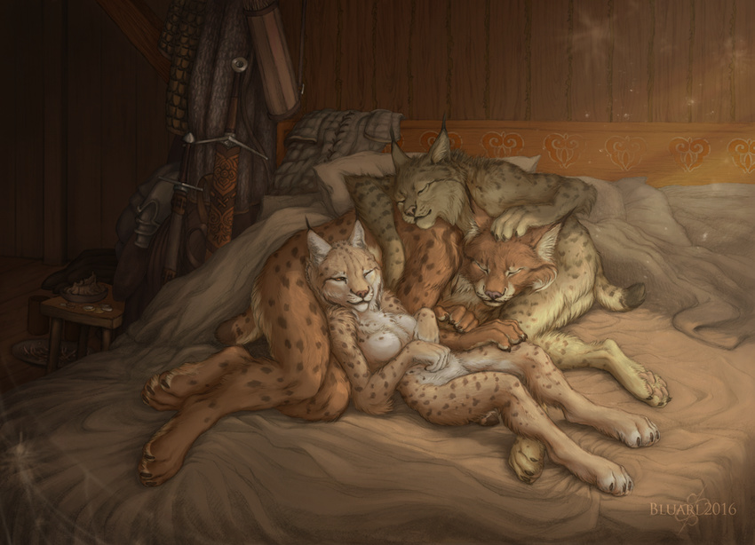 ambiguous_gender bed bluari cuddling detailed_background feline female lynx male mammal melee_weapon nude on_bed paws sword weapon