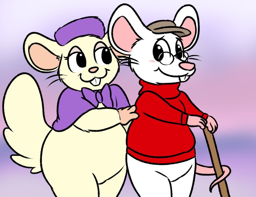 anthro bernard blush bottomless buckteeth clothed clothing costume disney duo eyewear fur glasses hamster male male/male mammal miss_bianca mouse nishi oxynard pink_nose rex(mouse) rodent simple_background tan_fur teeth the_rescuers white_fur