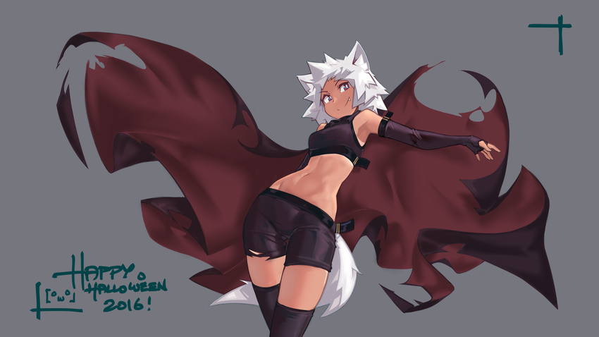 animal_ears armpits cape deel_(rkeg) fang fingerless_gloves gloves halloween happy_halloween highres marinya midriff navel original red_eyes revision short_hair shorts smile solo tail thighhighs torn_clothes white_hair