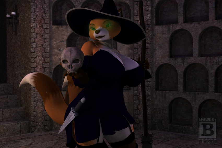 2016 3d_(artwork) anthro big_breasts blx24 breasts brown_fur brown_nose canine cleavage clothed clothing dagger digital_media_(artwork) dress female fox fur glowing glowing_eyes green_eyes hat hi_res legwear lips magic_user mammal melee_weapon multi_tail orange_fur skull smile solo staff standing stockings weapon white_fur wide_hips witch