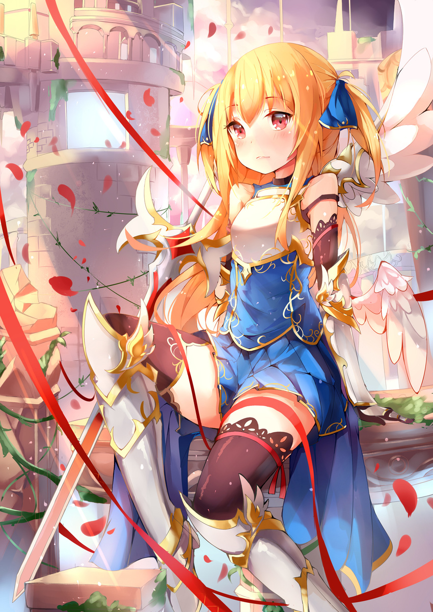 absurdres armor armored_boots black_legwear blonde_hair blue_ribbon bokujuu boots breastplate hair_ribbon highres long_hair original petals red_eyes red_ribbon ribbon sitting solo sword thigh_ribbon thighhighs two_side_up weapon