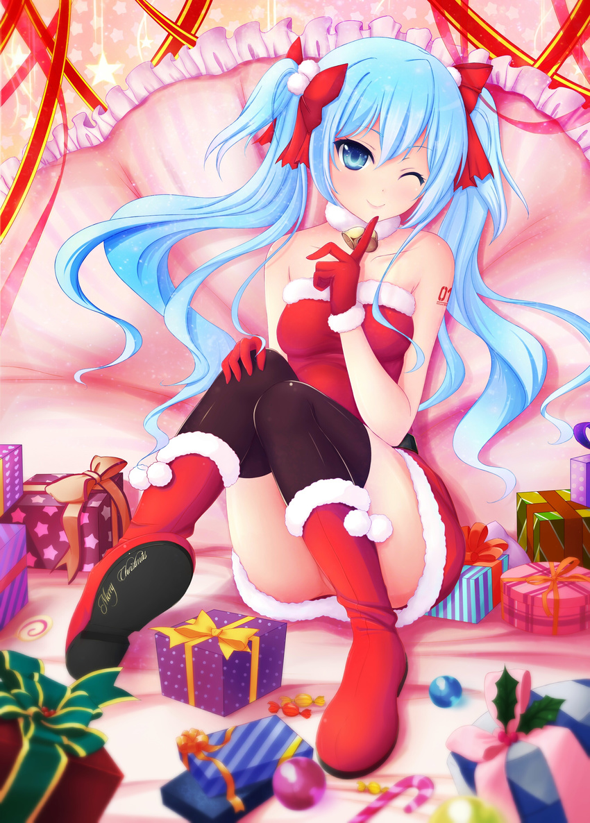 absurdres bell bell_collar belt black_legwear blue_eyes blue_hair boots box christmas collar collarbone dress finger_to_mouth gift gift_box gloves hair_ribbon hand_on_own_knee hatsune_miku highres index_finger_raised kuro_neko_(yxmikan) long_hair looking_at_viewer merry_christmas no_panties one_eye_closed red_dress red_footwear red_gloves red_ribbon ribbon santa_boots santa_costume santa_gloves sitting solo strapless strapless_dress thighhighs twintails vocaloid