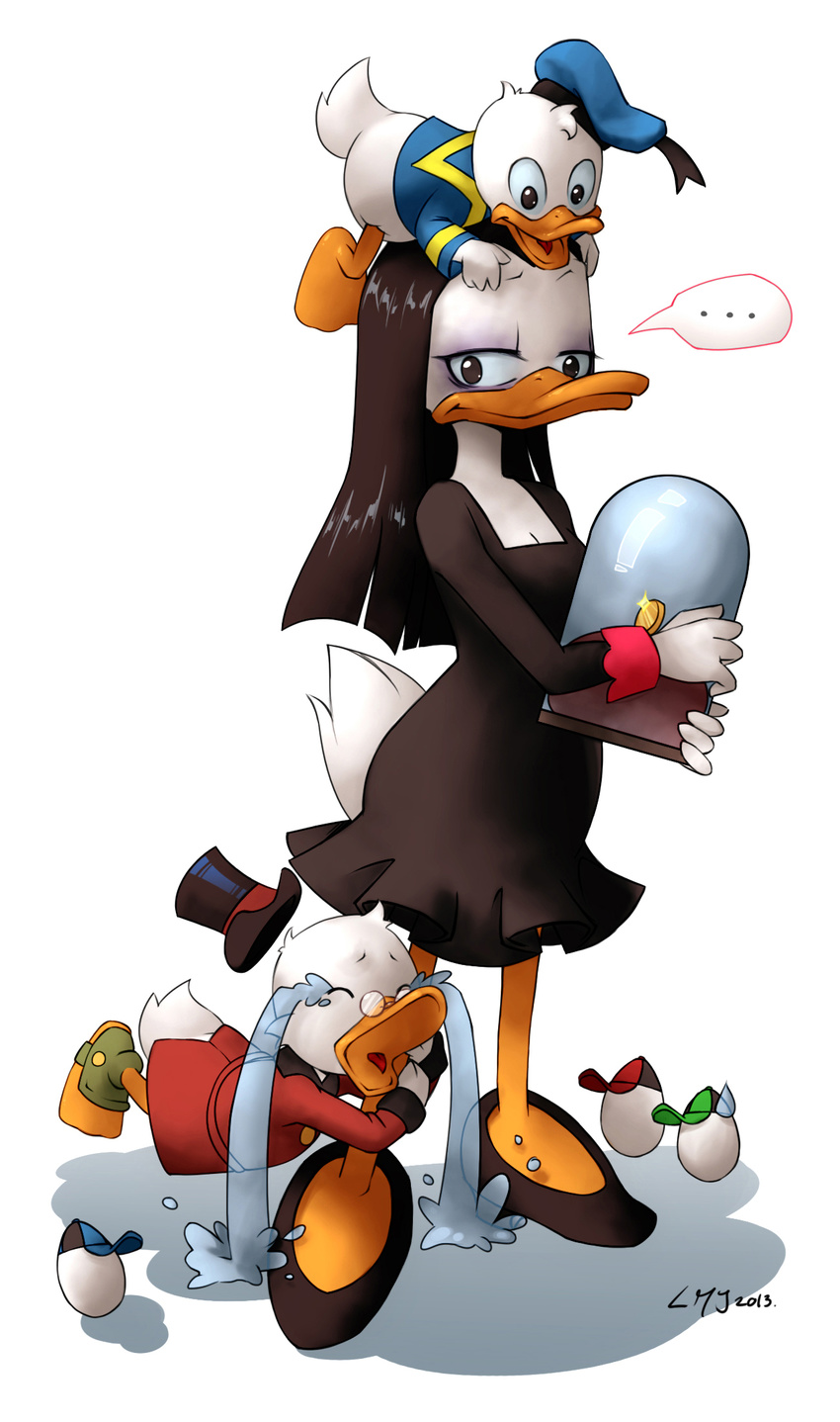 ... 2013 beak black_eyes black_hair breasts cleavage clothed clothing coin crying disney donald_duck dress egg eyewear feathers female glasses hair hat jacket katiramoon long_hair looking_down magica_de_spell makeup male scrooge_mcduck shirt simple_background tears tongue white_background white_feathers yellow_skin