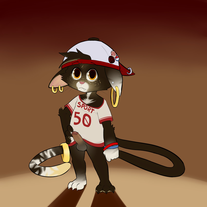 absurd_res alternate_version_available anthro backwards_baseball_cap balls barefoot baseball_cap bottomless cat clothed clothing cub cute_fangs erection feline front_view full-length_portrait furfit hand_on_hip hat hi_res jersey looking_at_viewer male mammal navel nipples penis portrait qit-qat solo tail_ring whiskers young