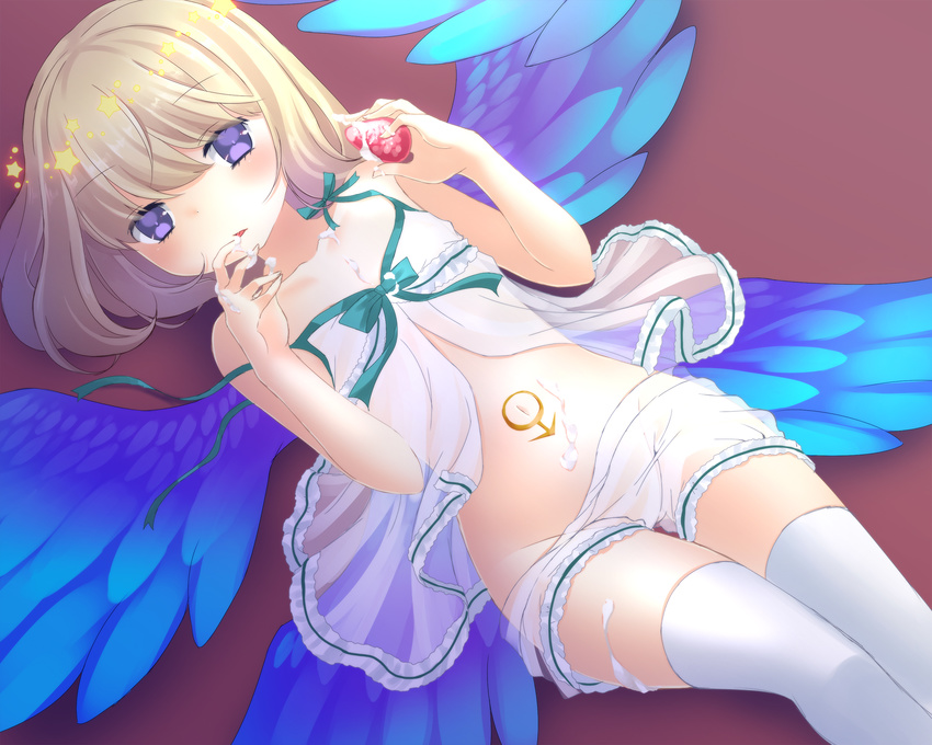 babydoll beatmania beatmania_iidx blonde_hair blue_eyes blue_wings brown_background collarbone cream cream_on_body cream_on_face eyebrows eyebrows_visible_through_hair feathered_wings flat_chest food food_on_face groin highres long_hair lying male_focus mars_symbol miji_(citronism) navel on_back otoko_no_ko rche_(beatmania) see-through shorts simple_background solo thighhighs white_legwear white_shorts wings