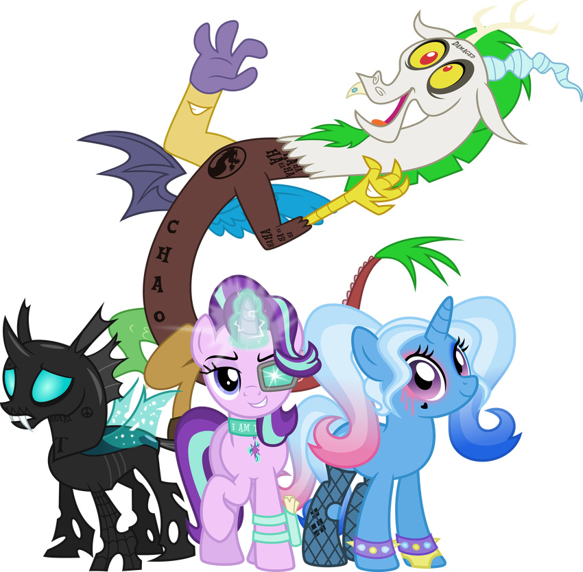 antlers batman_(series) blue_eyes blue_feathers bracelet changeling clothing crossover cutie_mark deadshot diablo discord_(mlp) draconequus equine fangs feathered_wings feathers female feral friendship_is_magic fur green_hair group hair harley_quinn hooves horn horse insect_wings jewelry joker legwear male mammal multicolored_hair my_little_pony osipush pantyhose purple_eyes red_eyes smile spiked_bracelet spikes starlight_glimmer_(mlp) suicide_squad text thorax_(mlp) trixie_(mlp) two_tone_hair unicorn wings