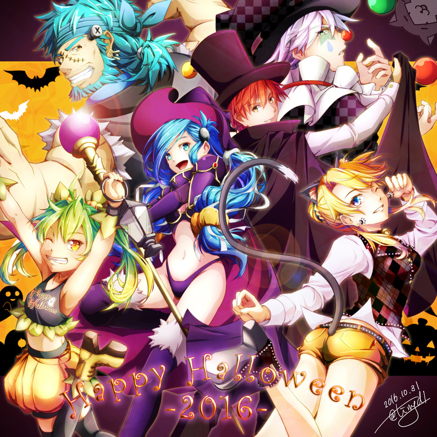 3boys 3girls absurdres adol_christin animal_ears argyle arms_up beard black_hat black_legwear blonde_hair blue_eyes blue_hair cape cat_ears cat_tail clown_nose crop_top dana_(ys) dated facial_hair green_hair grin halloween halloween_costume happy_halloween hat headband highres hummel_(ys) lantern laxia_(ys) long_hair low-tied_long_hair multiple_boys multiple_girls navel one_eye_closed panties paw_pose ponytail purple_legwear purple_panties red_hair ricotta_(ys) sahad_(ys) scar shoes short_hair short_shorts shorts signature smile staff tail thighhighs tinybiard top_hat twintails twitter_username underwear white_hair witch_hat yellow_eyes ys ys_viii_lacrimosa_of_dana