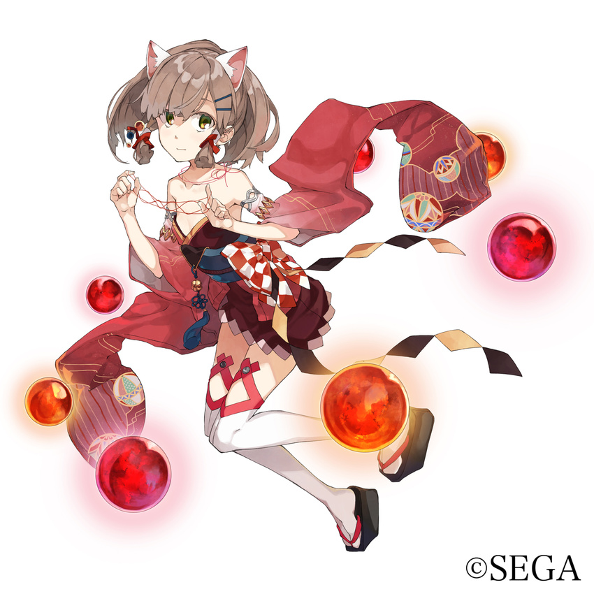 animal_ears armband bare_shoulders bow breasts brown_hair cat's_cradle cat_ears chinese_knot clog_sandals collarbone detached_sleeves full_body green_eyes hair_ornament hairclip highres japanese_clothes looking_at_viewer obi orb ponytail red_string sandals sash sega short_hair sidelocks simple_background small_breasts solo string tabi thighhighs tsukugu watermark white_background white_legwear wide_sleeves world_end_eclipse