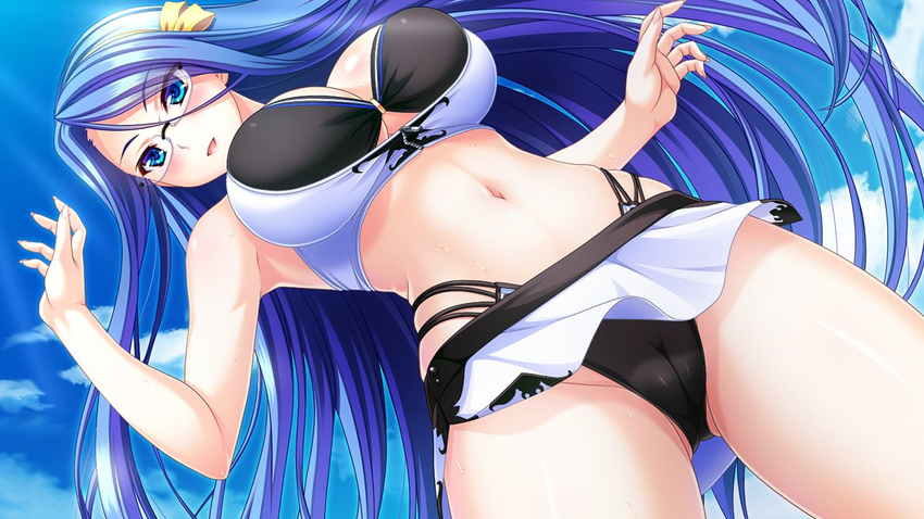 :d armpits ass_visible_through_thighs bangs bare_shoulders bikini bikini_skirt black-framed_eyewear black_bikini blue_eyes blue_hair blush bow breasts cameltoe celene_fieldes_mitsumine cleavage cloud cowboy_shot crotch day dutch_angle eyebrows eyebrows_visible_through_hair eyes_visible_through_hair fingernails floating_hair from_below glasses groin hair_between_eyes hair_bow hairband hand_up happy highleg highleg_bikini large_breasts layered_bikini light_rays long_fingernails long_hair looking_at_viewer multi-strapped_bikini nose_pads open_mouth outdoors rectangular_eyewear rimless_eyewear sennri_sabanegi sky smile solo sunbeam sunlight sweat swimsuit thighs underboob underboob_cutout unionism_quartet very_long_hair white_bikini yellow_bow zipper