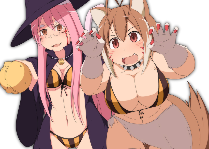 absurdres animal_costume animal_ears antenna_hair ass_visible_through_thighs bell bikini blazblue blush breasts brown_eyes brown_hair cat_ears cat_tail claws cleavage collar dog_collar front-tie_bikini front-tie_top glasses halloween_costume hat highres kokonoe large_breasts long_hair makoto_nanaya mirano multicolored_hair multiple_girls open_mouth pince-nez pink_hair red_eyes short_hair small_breasts squirrel_ears squirrel_tail swimsuit tail two-tone_hair white_background witch_hat wolf_costume