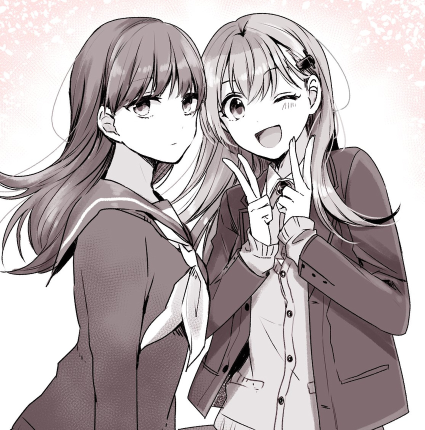 ;d ascot blazer cardigan commentary double_v greyscale jacket kantai_collection monochrome multiple_girls nagomi_(mokatitk) one_eye_closed ooi_(kantai_collection) open_mouth smile suzuya_(kantai_collection) v