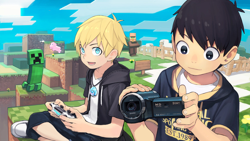 bad_id bad_pixiv_id black_eyes black_hair blockun blonde_hair blue_eyes chao_ge chocowhite controller creeper game_controller highres jewelry male_focus minecraft multiple_boys necklace open_mouth original pig sheep smile sun video_camera villager_(minecraft)