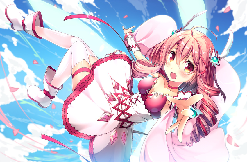 :d ahoge armpits blue_sky blush boots breasts brown_eyes cleavage cloud cloudy_sky collar commentary day dress drill_hair falling hair_between_eyes hair_ornament knee_up leg_up long_hair looking_at_viewer magical_girl medium_breasts open_mouth outstretched_arms outstretched_hand petals pink_hair shoulder_pads sky smile solo soushin_shoujo_matoi sumeragi_matoi usume_shirou white_dress white_legwear wind