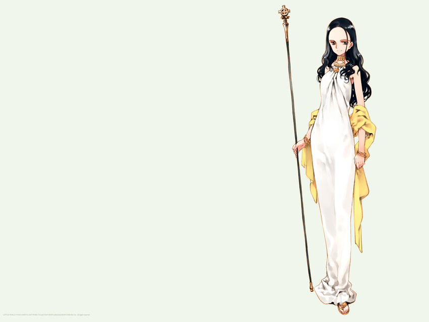 1girl black_hair celtic_cross clothes cross dress full_body highres littlewitch ooyari_ashito sandals solo staff standing toes wallpaper white white_clothes white_dress