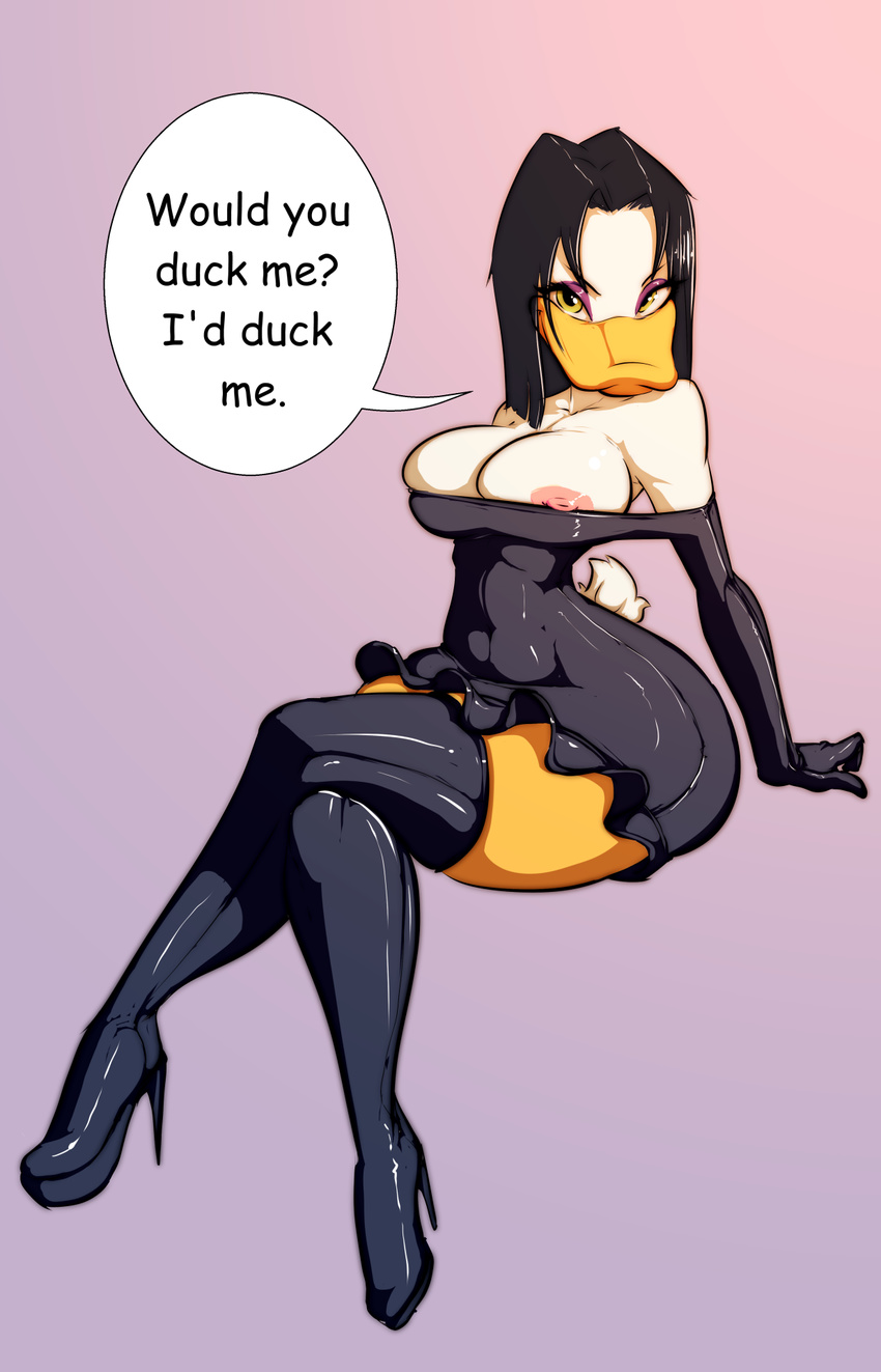 ? anthro areola avian beak big_breasts bird black_hair boots breasts clothing dress duck elbow_gloves english_text female footwear gloves hair hi_res high_heels legwear long_hair looking_at_viewer magica_de_spell makeup nipples rubber shoes sitting smile solo stockings text thick_thighs thigh_high_boots unknown_artist white_skin wide_hips yellow_eyes yellow_skin