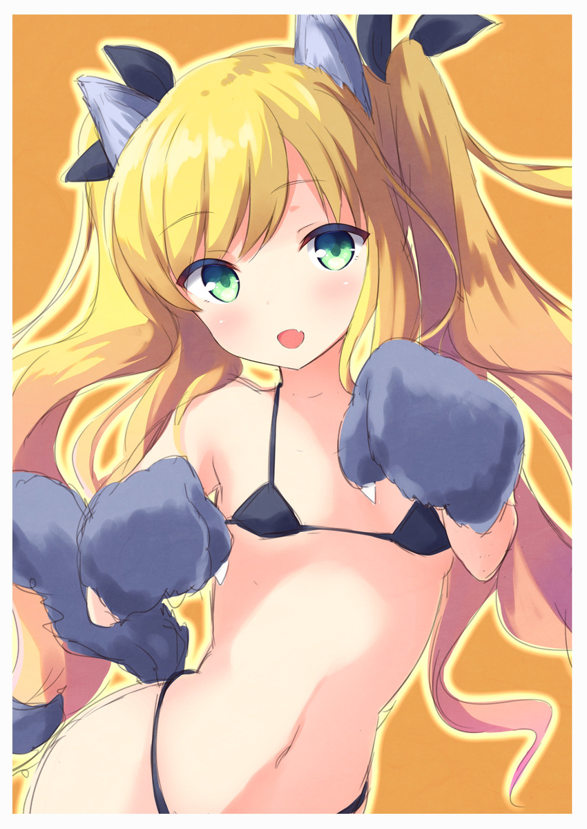 :d absurdres animal_ears bikini black_bikini black_ribbon blonde_hair blush border commentary_request fang flat_chest green_eyes hair_ribbon highres isurugi_mio long_hair micro_bikini mimura_zaja mm! navel open_mouth paw_pose paws ribbon sketch smile solo swimsuit twintails wavy_hair white_border