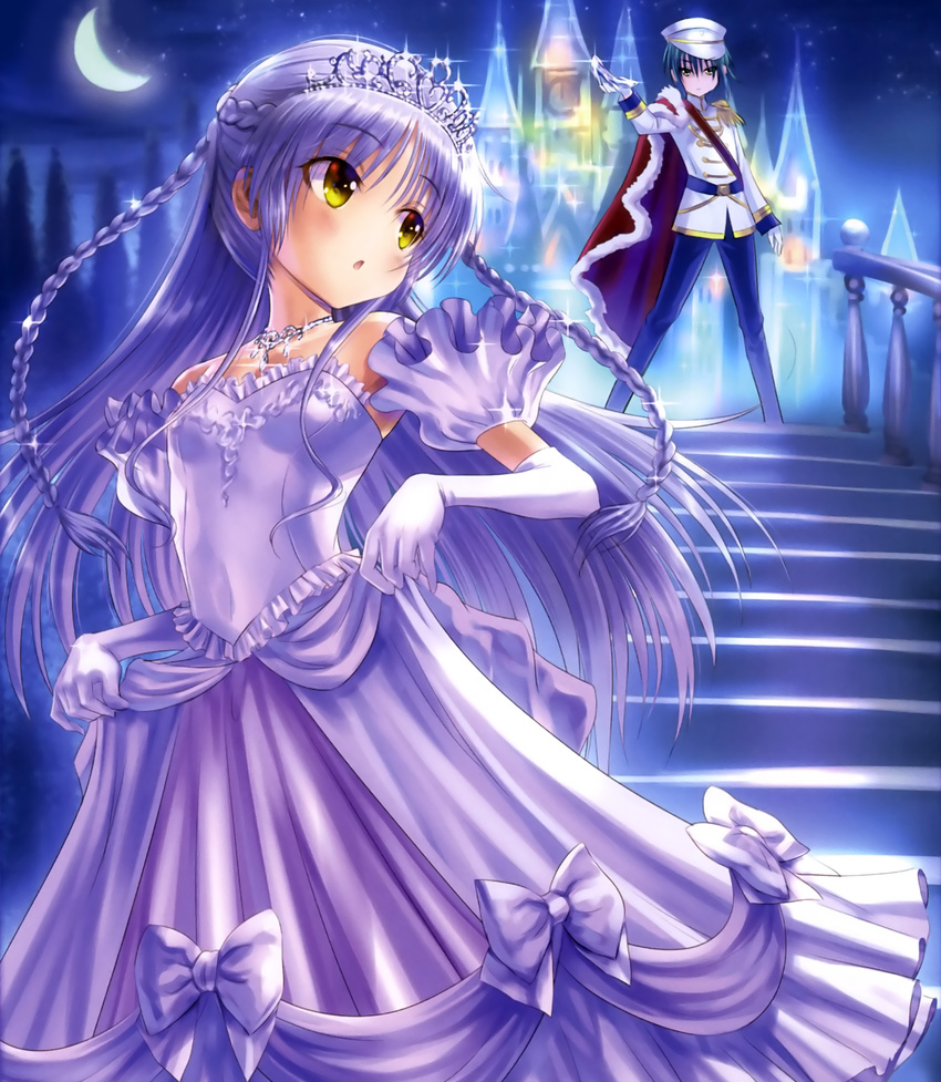 1girl angel_beats! black_pants blush braid cape castle cinderella cinderella_(grimm) cinderella_(grimm)_(cosplay) closed_mouth cosplay crescent_moon detached_sleeves dress elbow_gloves epaulettes glass_slipper glint gloves goto_p green_hair hat highres holding lavender_hair legs_apart long_hair moon naoi_ayato night outdoors pants parted_lips peaked_cap purple_eyes railing scan short_hair short_sleeves silhouette skirt_hold sleeveless sleeveless_dress sparkle stairs strapless strapless_dress tenshi_(angel_beats!) tiara tree twin_braids uniform very_long_hair white_gloves white_hat yellow_eyes