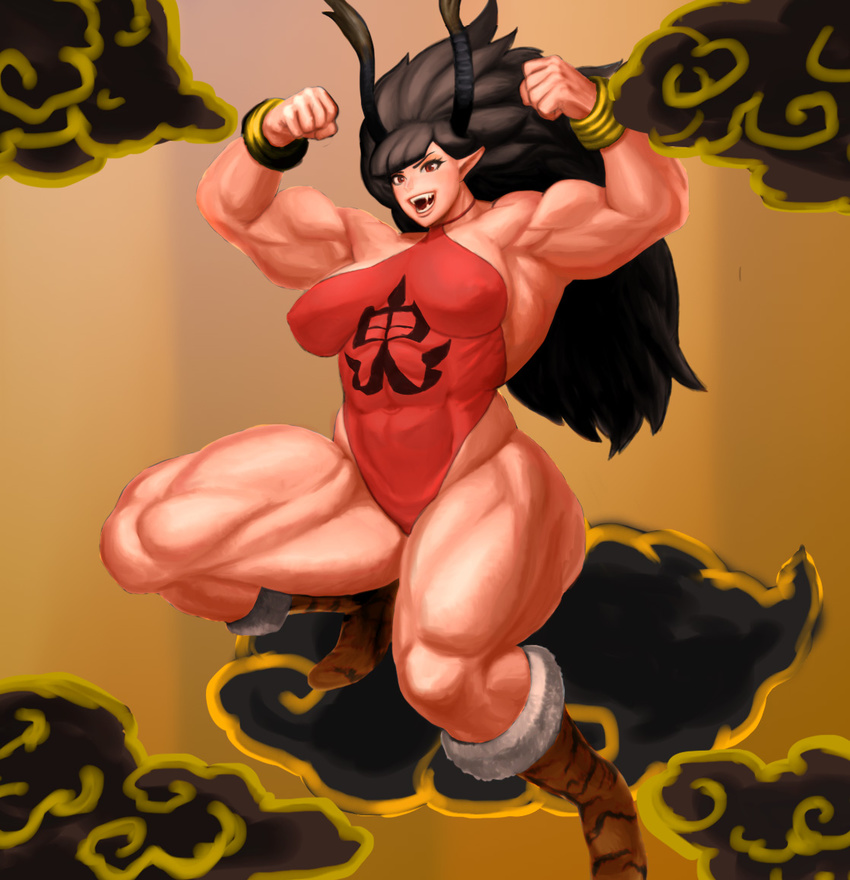 1girl artist_name black_hair female horns long_hair monster_girl muscle oboro_muramasa oni pointy_ears rajaki_(oboro_muramasa) red_eyes