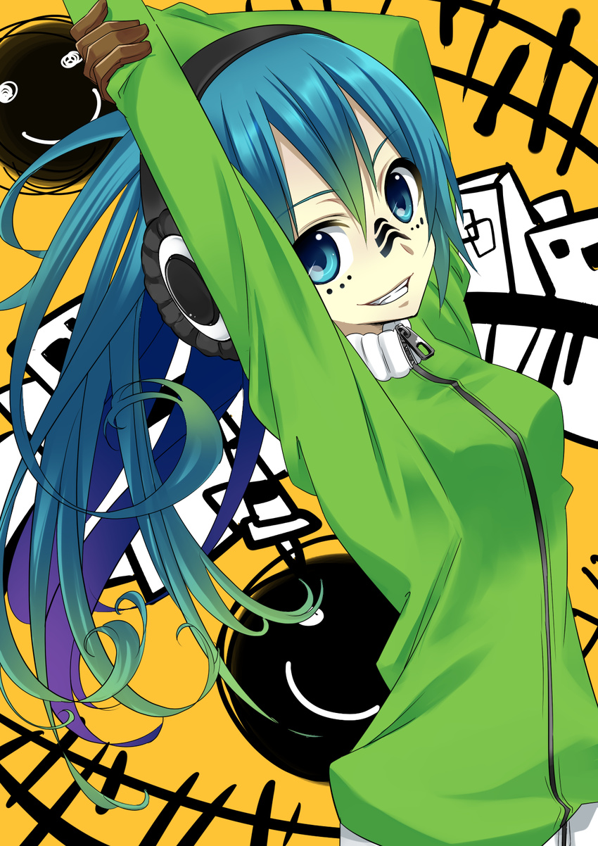 arms_up artist_request blue_eyes eyebrows_visible_through_hair gloves gradient_eyes gradient_hair grin hatsune_miku headphones highres hood hoodie long_hair looking_at_viewer matryoshka_(vocaloid) multicolored multicolored_background multicolored_eyes multicolored_hair open_mouth smile solo source_request vocaloid white_skin