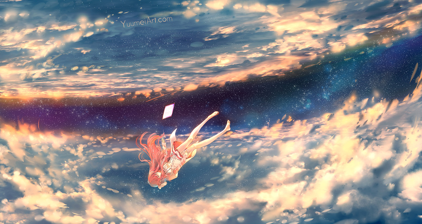 barefoot closed_eyes cloud dress falling highres long_hair pink_hair rin_(shelter) shelter_(music_video) sky solo star watermark web_address wenqing_yan