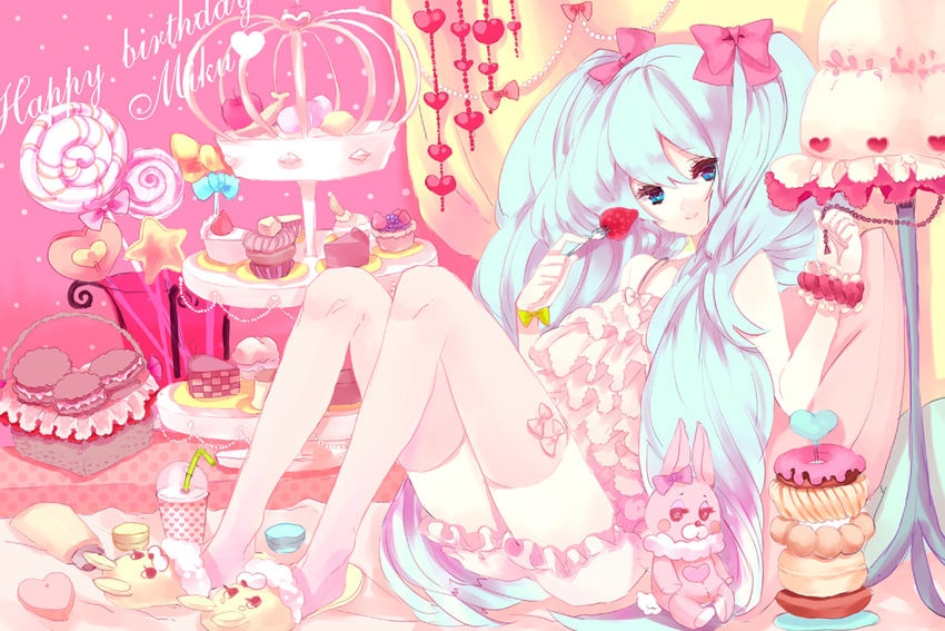 apple aqua_hair bad_id bad_pixiv_id blue_eyes cake candy doughnut food fork fruit hatsune_miku heart holding holding_fork kajiami lamp lollipop long_hair lots_of_laugh_(vocaloid) macaron pastry sitting smile solo strawberry stuffed_animal stuffed_toy swirl_lollipop thighhighs tiered_tray twintails very_long_hair vocaloid