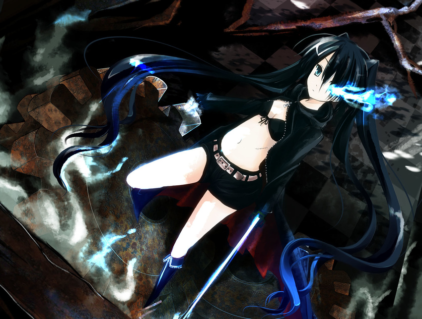 belt bikini_top black_hair black_rock_shooter black_rock_shooter_(character) blue_eyes boots burning_eye chain coat highres long_hair midriff navel ooka_(skavler) pale_skin scar shorts solo sword twintails very_long_hair weapon