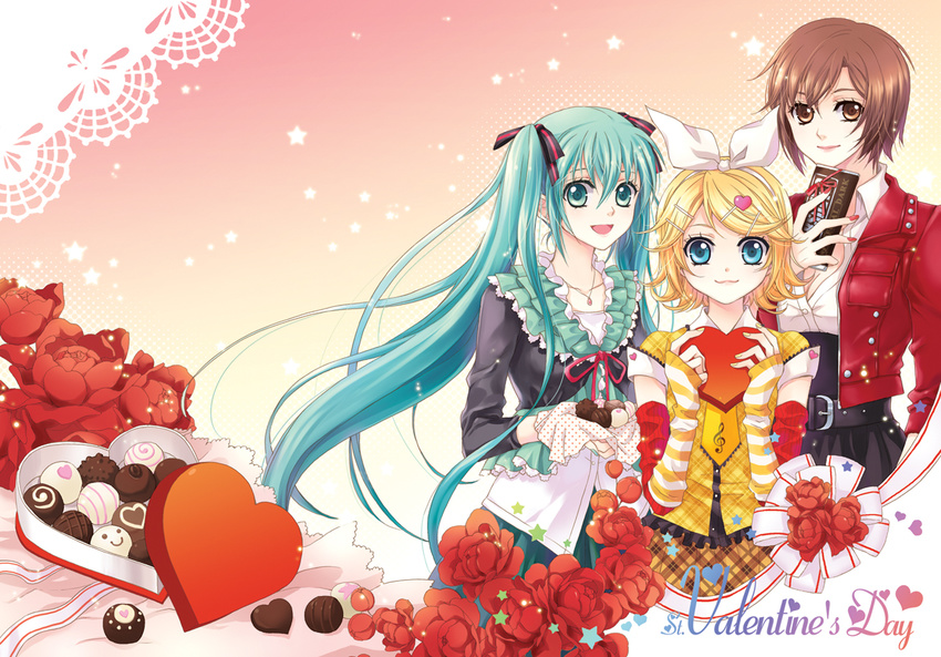 :3 aqua_hair blonde_hair box box_of_chocolates brown_eyes brown_hair chocolate chocolate_bar flower hair_ornament hairclip hatsune_miku heart heart-shaped_box jewelry kagamine_rin long_hair mca_(dessert_candy) meiko multiple_girls necklace ribbon short_hair twintails valentine vocaloid