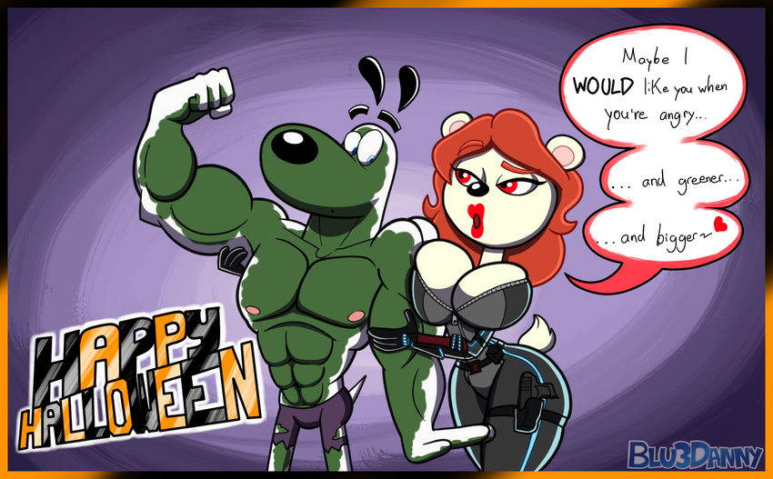 anthro bear big_breasts black_widow_(marvel) blu3danny breasts canine cleavage clothed clothing cosplay dog dudley_puppy duo english_text fan_character female halloween holidays hulk male mammal marvel muscular nickelodeon t.u.f.f._puppy text