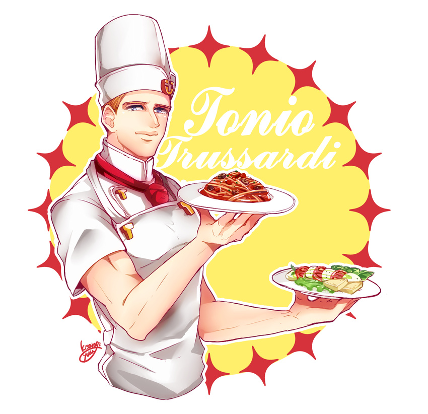 apron bad_id bad_pixiv_id blonde_hair blue_eyes caprese_salad character_name cheese chef chef_hat cropped_torso food hat high_collar highres holding holding_plate jojo_no_kimyou_na_bouken kisaragi_yuu_(fallen_sky) looking_at_viewer male_focus neckerchief pasta plate salad signature smile solo spaghetti tomato toned toned_male tonio_trussardi toque_blanche upper_body